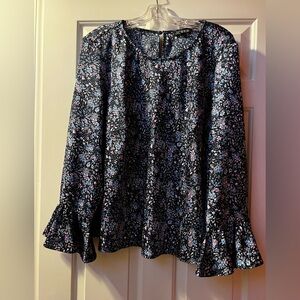 J. Crew Black Navy Floral Ruffle-Cuff Blouse